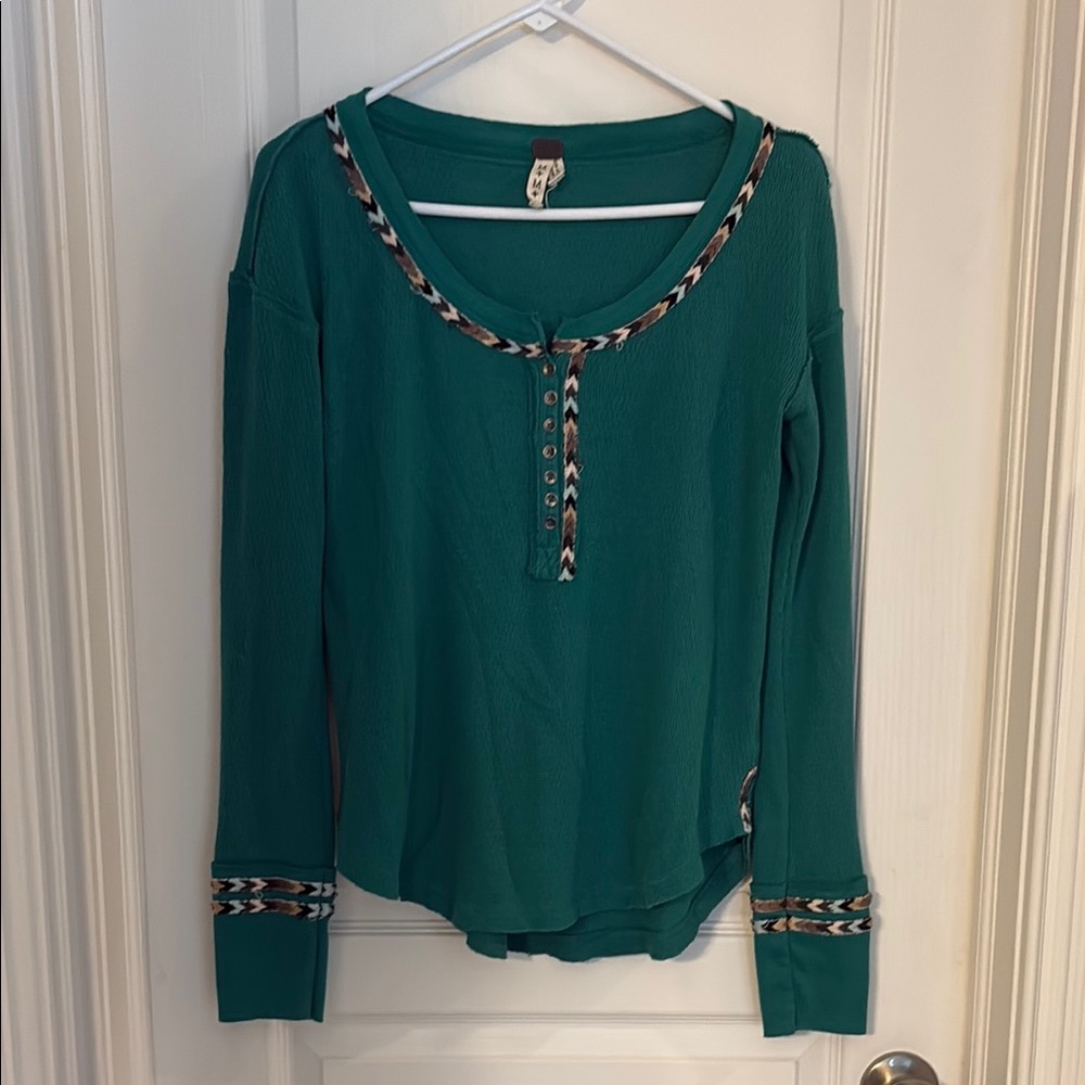 Free people Teal Long Sleeve Top with Patterned Trim
